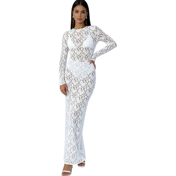 Dresses & Skirts - J0177-White Floral Lace Maxi Dress Long Sheer Mesh Gown Beach Cover Up Medium